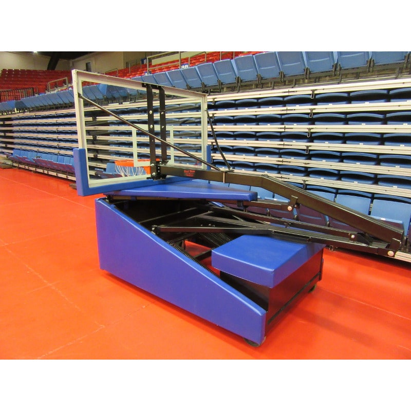 Adjustable Portable Basketball Goal Side View of First Team Storm System Folded Hoop Indoor on Court