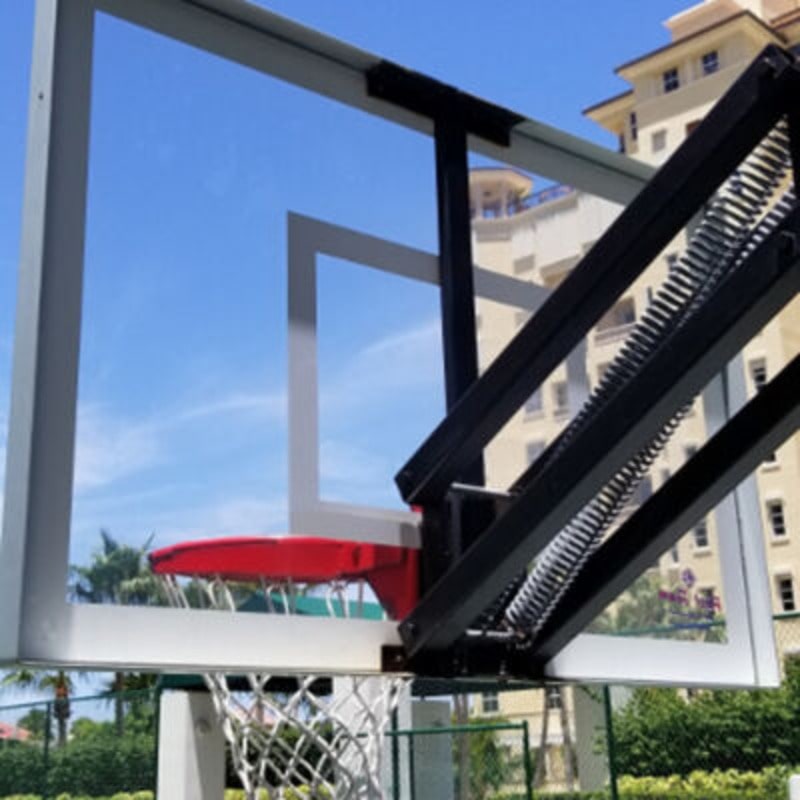 First Team Jam In Ground Adjustable Basketball Hoop Lowered Backboard View from Behind