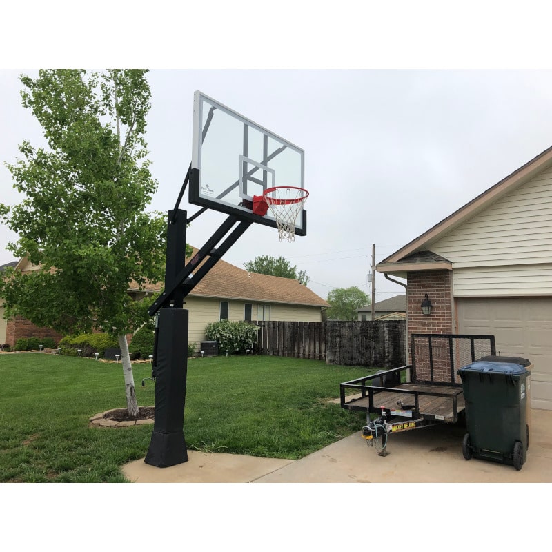 First Team Stainless Olympian Outdoor Front Left Driveway View of Basketball Hoop System In Ground Adjustable Goal