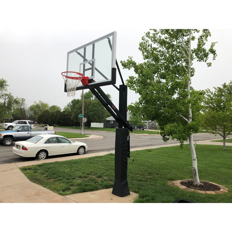 Front Right Goal Outdoor Driveway View for First Team Stainless Olympian Basketball Hoop In Ground Adjustable System