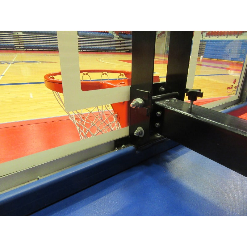 View of Eccentric Back of Goal Backboard for First Team System Storm Adjustable Basketball Hoop on court indoors